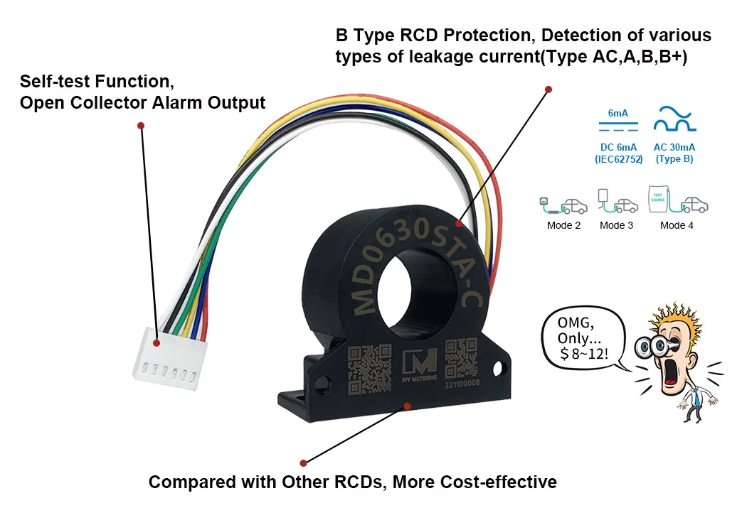 EV Charger Self-Testing RCD Protection Device 30mA AC 6mA DC Leakage Detection Current Sensor