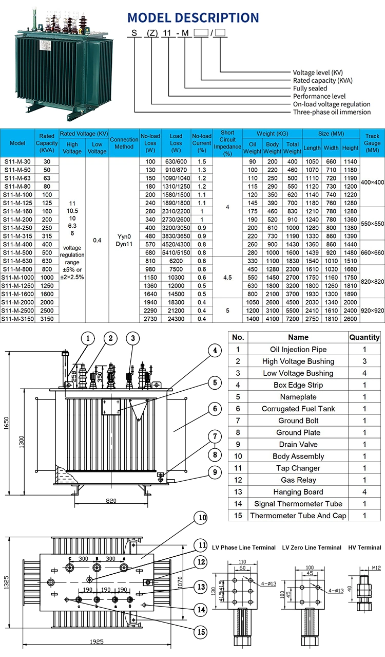 25 30 33 35 63 120 167 170 220 kVA 10kv 0.4kv Three Phase Ester Mineral Oil Immersed Electrical Power Distribution Transformer